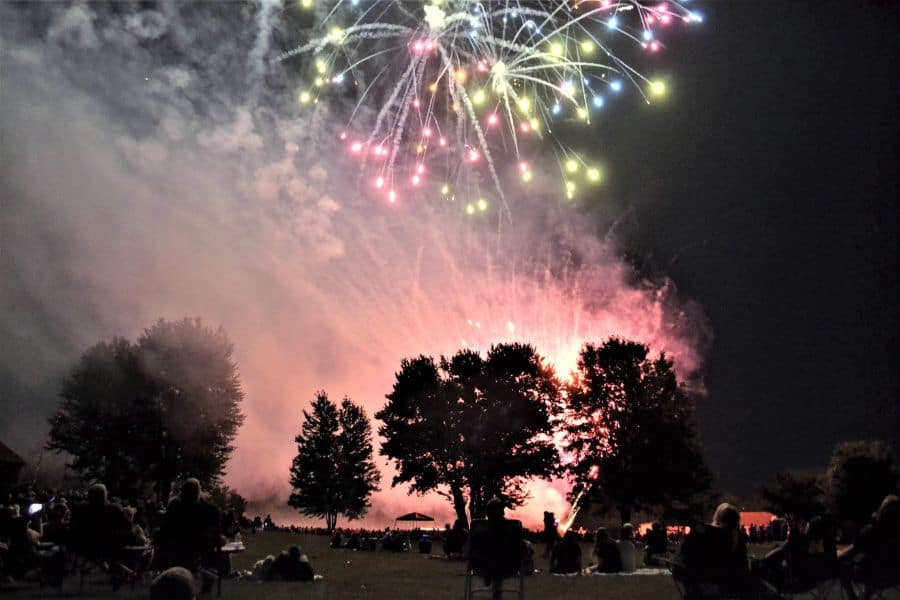 Crowd watching colorful fireworks light up the night sky over a park.